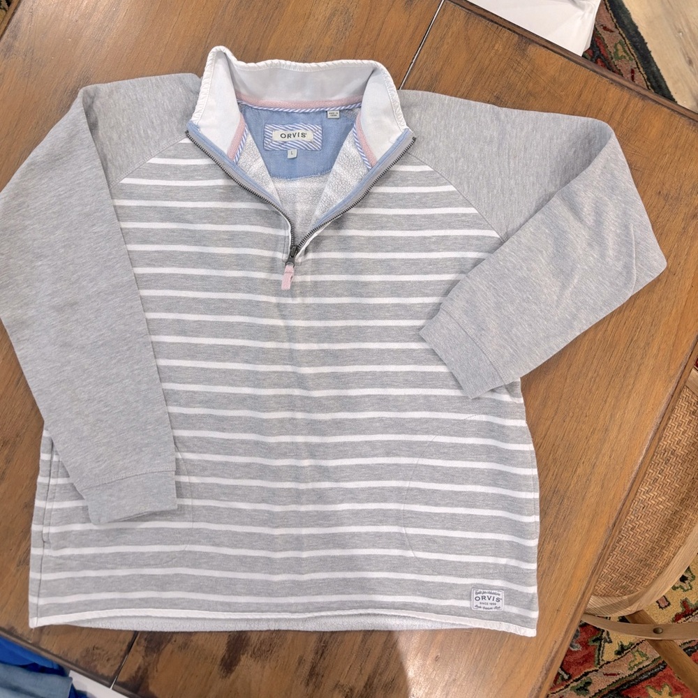 Orvis Gray and White Striped Quarter-Zip Pullover